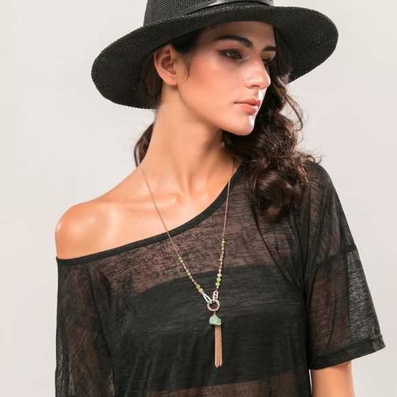 Beaded Green Stone Tassel Antique Gold Necklace - Picture 2 of 8